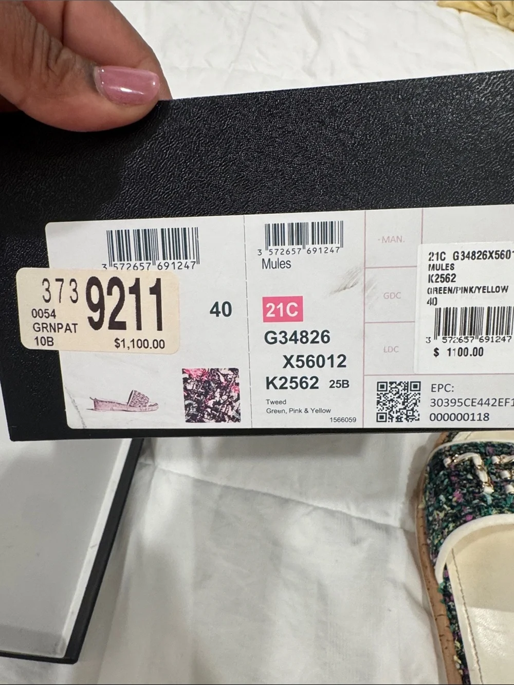 CHANEL Multicolor Tweed & White Trim Logo Slide Mules
